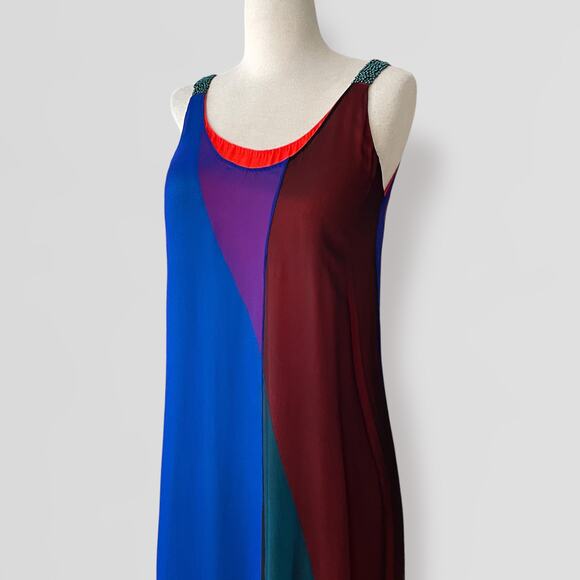 Nachiket Barve 100% Silk Maxi Dress Bauhaus MCM Gown Wedding Blue Maroon Green - Picture 9 of 10